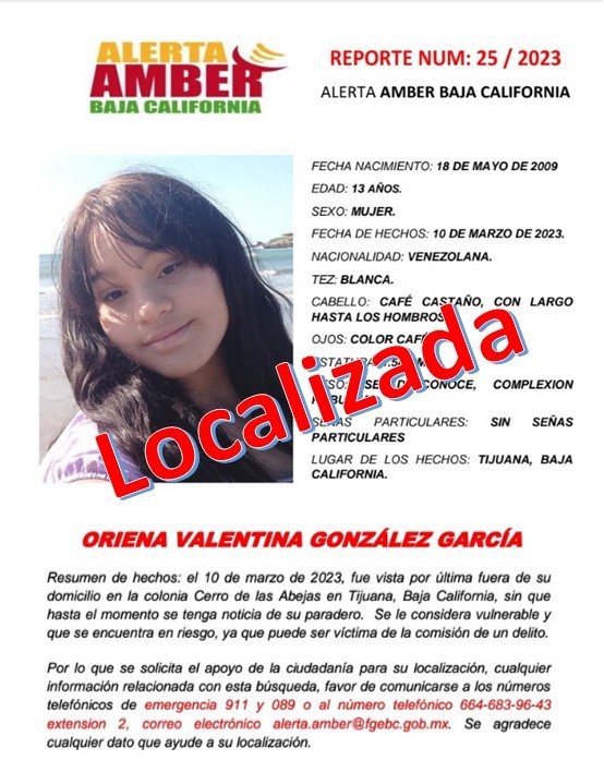 Localiza la FGE a Oriena Valentina González García de 13 años